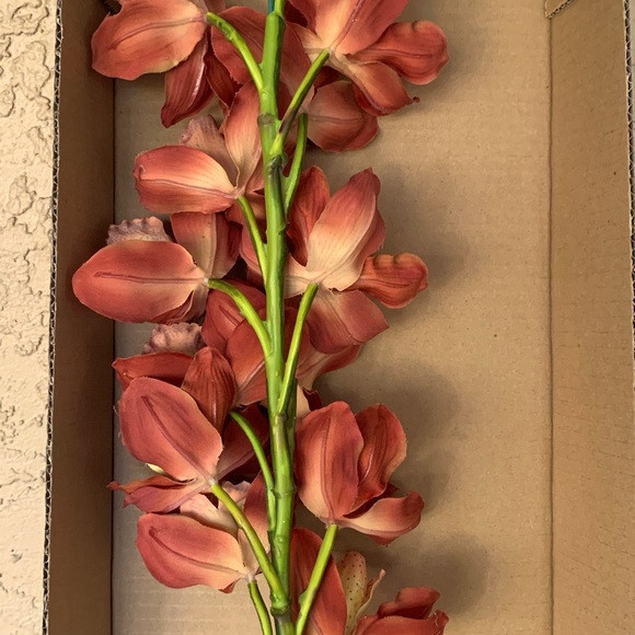 40” Cymbidium Orchid Stem Dusty Orange Silk Artificial Faux Flower - Picture 3 of 6